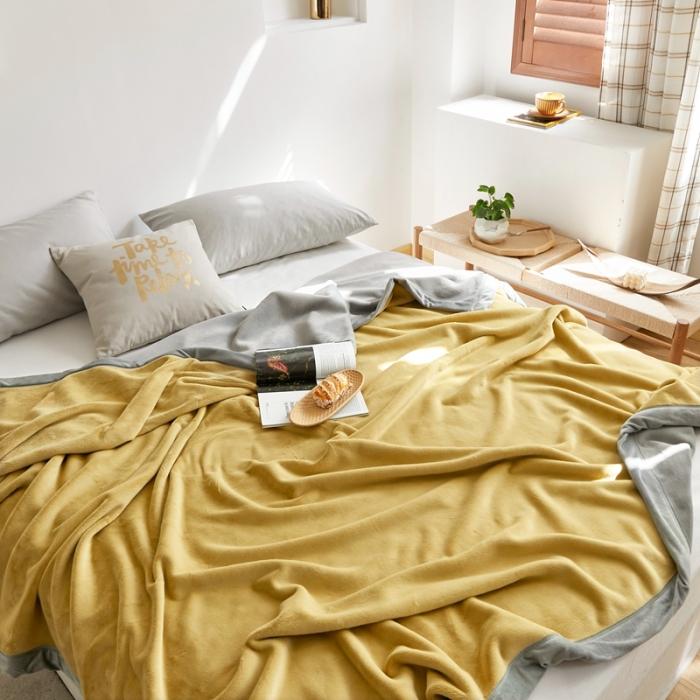 91家纺网 家纺一手货源 找家纺 法芙娜家纺  新品 AB复合毯 牛奶绒加厚毛毯 黄灰