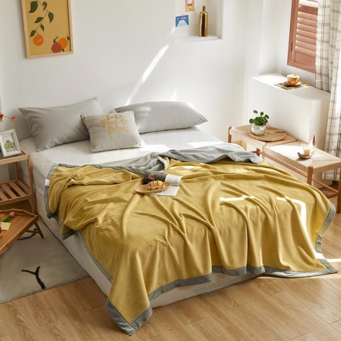 91家纺网 家纺一手货源 找家纺 法芙娜家纺  新品 AB复合毯 牛奶绒加厚毛毯 黄灰