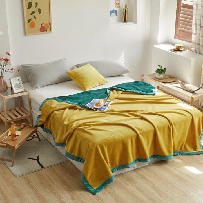 91家纺网 家纺一手货源 找家纺 法芙娜家纺  新品 AB复合毯 牛奶绒加厚毛毯 黄绿