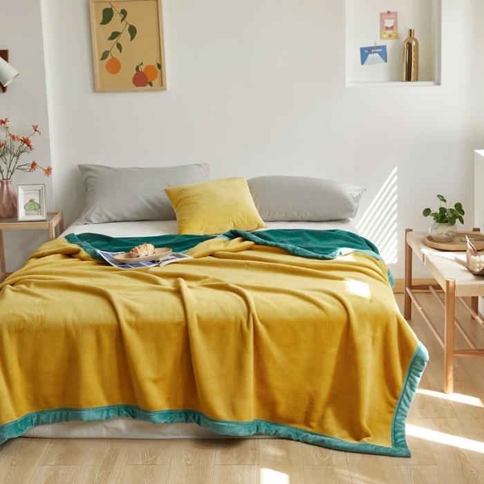 91家纺网 家纺一手货源 找家纺 法芙娜家纺  新品 AB复合毯 牛奶绒加厚毛毯 黄绿