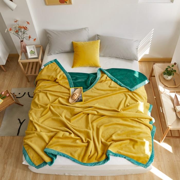91家纺网 家纺一手货源 找家纺 法芙娜家纺  新品 AB复合毯 牛奶绒加厚毛毯 黄绿