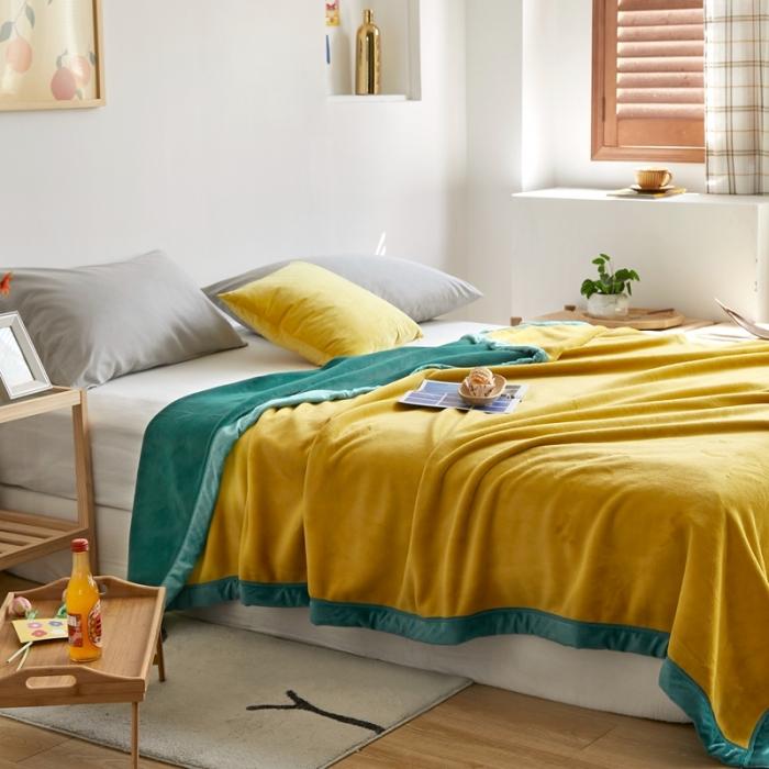 91家纺网 家纺一手货源 找家纺 法芙娜家纺  新品 AB复合毯 牛奶绒加厚毛毯 黄绿