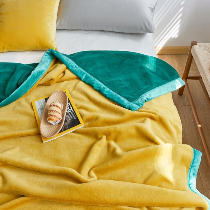 91家纺网 家纺一手货源 找家纺 法芙娜家纺  新品 AB复合毯 牛奶绒加厚毛毯 黄绿