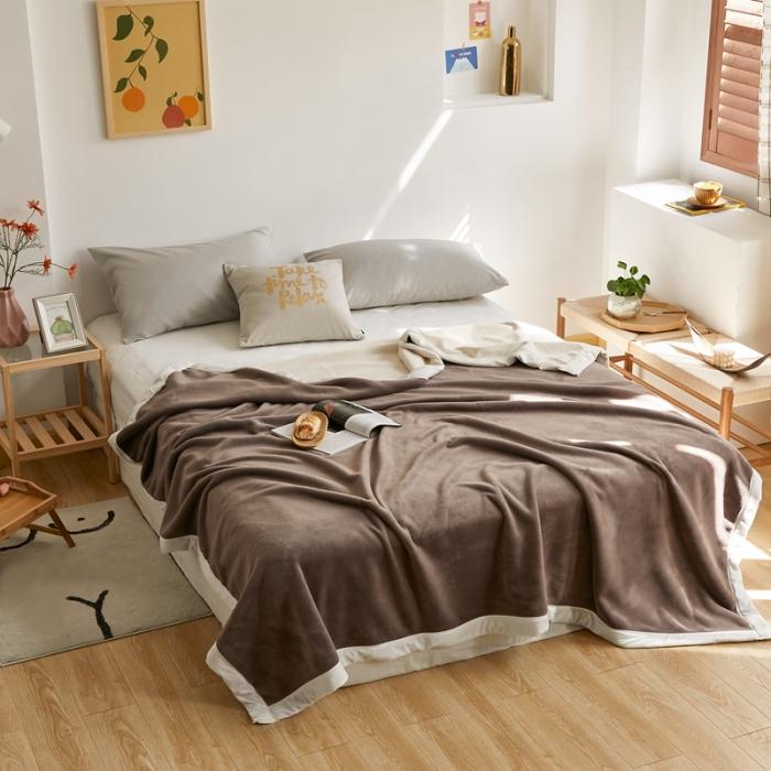 91家纺网 家纺一手货源 找家纺 法芙娜家纺  新品 AB复合毯 牛奶绒加厚毛毯 咖白