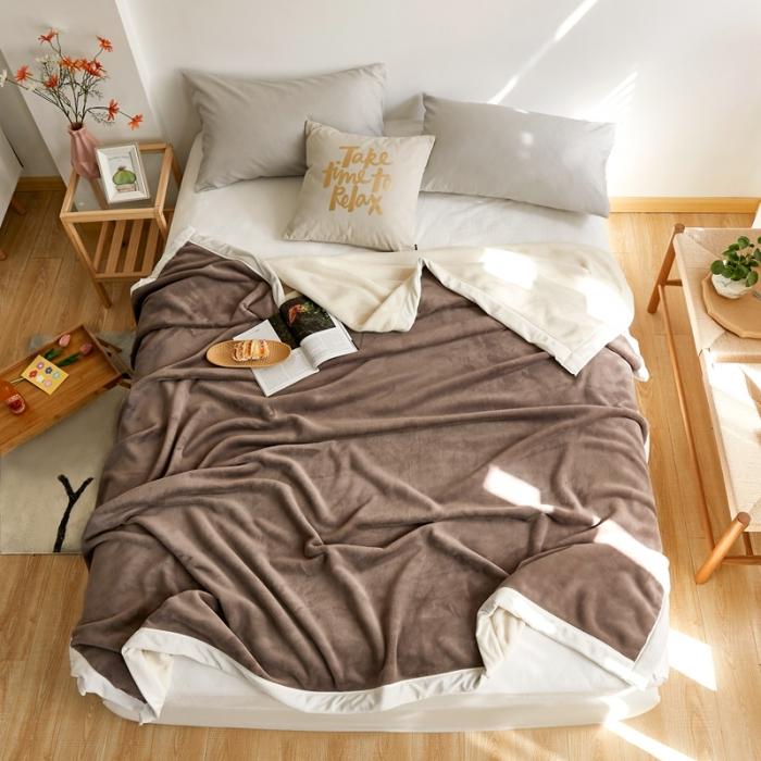 91家纺网 家纺一手货源 找家纺 法芙娜家纺  新品 AB复合毯 牛奶绒加厚毛毯 咖白