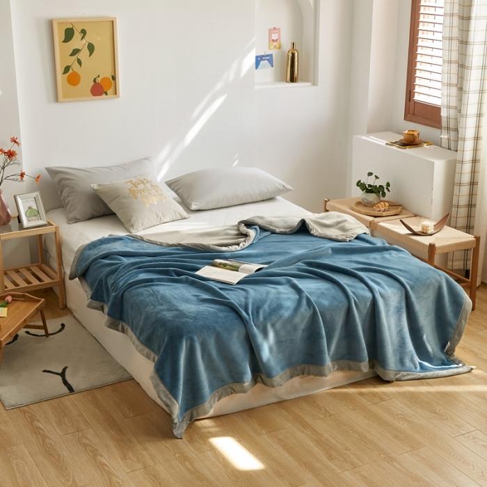 91家纺网 家纺一手货源 找家纺 法芙娜家纺  新品 AB复合毯 牛奶绒加厚毛毯 蓝灰