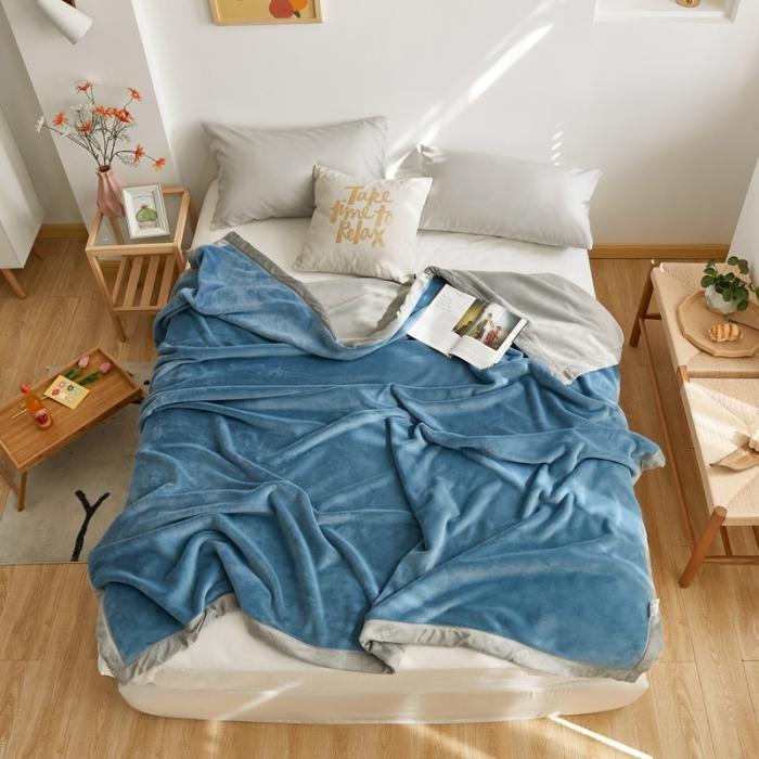 91家纺网 家纺一手货源 找家纺 法芙娜家纺  新品 AB复合毯 牛奶绒加厚毛毯 蓝灰