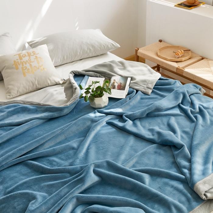 91家纺网 家纺一手货源 找家纺 法芙娜家纺  新品 AB复合毯 牛奶绒加厚毛毯 蓝灰