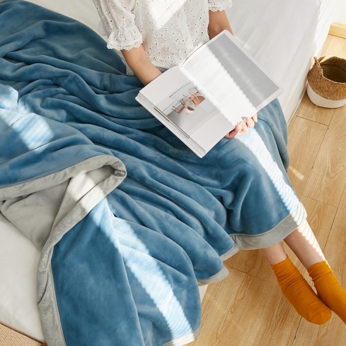 91家纺网 家纺一手货源 找家纺 法芙娜家纺  新品 AB复合毯 牛奶绒加厚毛毯 蓝灰