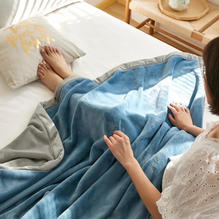 91家纺网 家纺一手货源 找家纺 法芙娜家纺  新品 AB复合毯 牛奶绒加厚毛毯 蓝灰