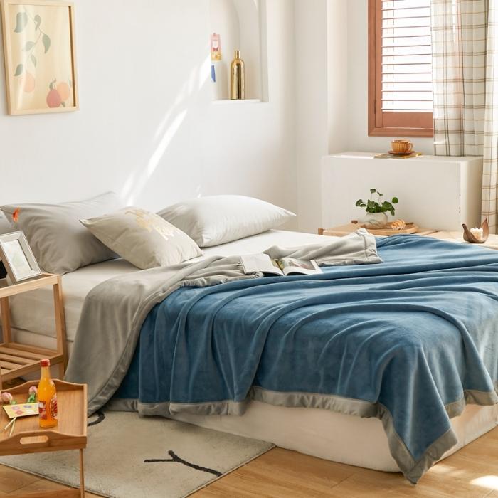 91家纺网 家纺一手货源 找家纺 法芙娜家纺  新品 AB复合毯 牛奶绒加厚毛毯 蓝灰