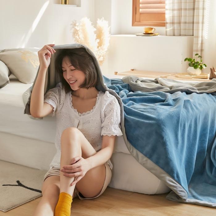 91家纺网 家纺一手货源 找家纺 法芙娜家纺  新品 AB复合毯 牛奶绒加厚毛毯 蓝灰