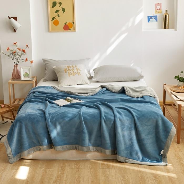 91家纺网 家纺一手货源 找家纺 法芙娜家纺  新品 AB复合毯 牛奶绒加厚毛毯 蓝灰