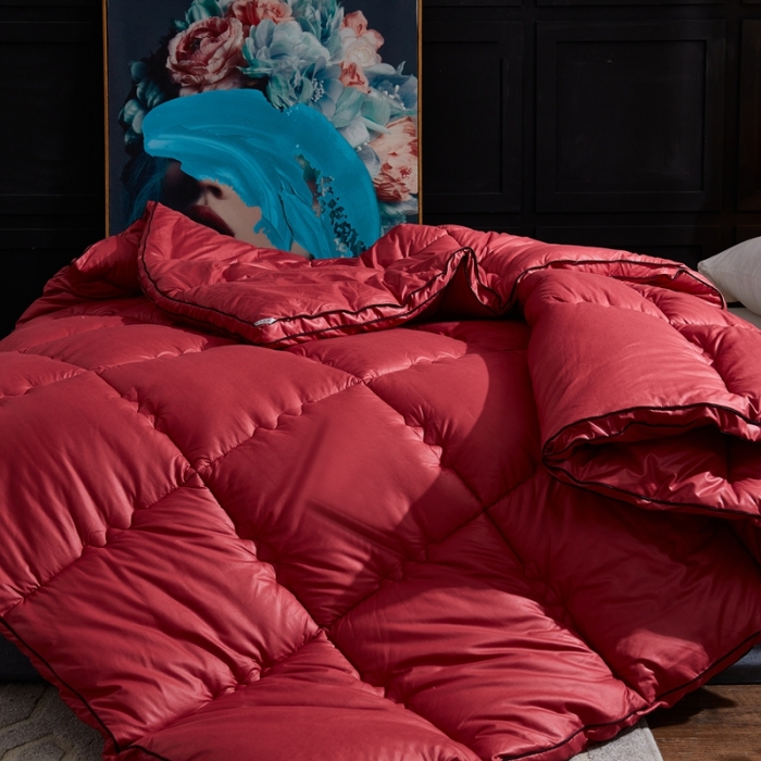 91家纺网 家纺一手货源 找家纺 啊雅家居 2025新款柔赛丝保暖立体羽丝绒冬被 酒红色