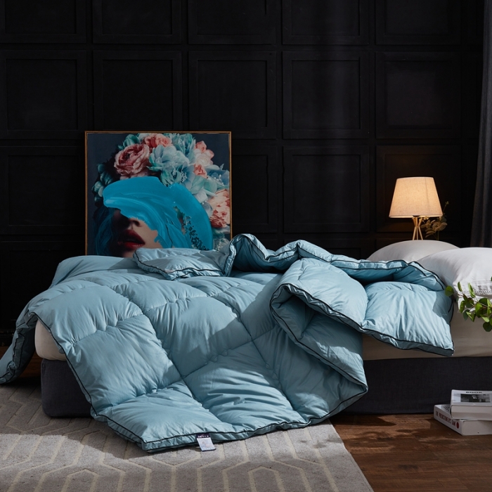91家纺网 家纺一手货源 找家纺 啊雅家居 2025新款柔赛丝保暖立体羽丝绒冬被 水蓝色
