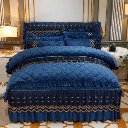 91家纺网 家纺一手货源 找家纺 情恒家纺 2025法莱绒贵族风范夹棉床裙四件套 雅典蓝
