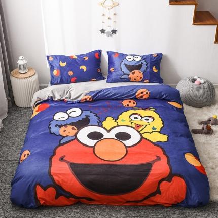 91家纺网 家纺一手货源 找家纺 十九色 2022新款高克重宝宝绒数码印花四件套 芝麻街蓝