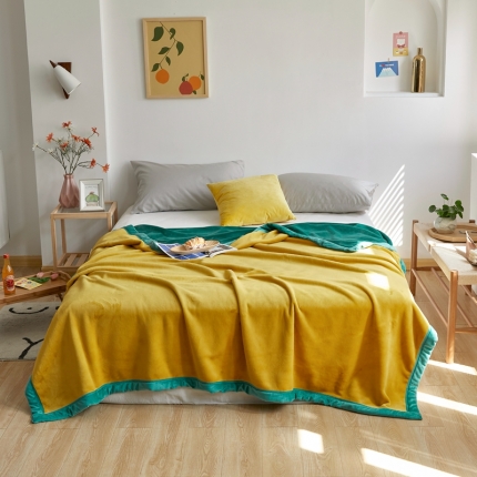 91家纺网 家纺一手货源 找家纺 法芙娜家纺  新品 AB复合毯 牛奶绒加厚毛毯 黄绿