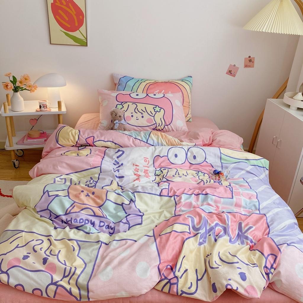 91家纺网 家纺一手货源 找家纺 星期八 2020原创设计师款牛奶绒四件套 彩虹女孩