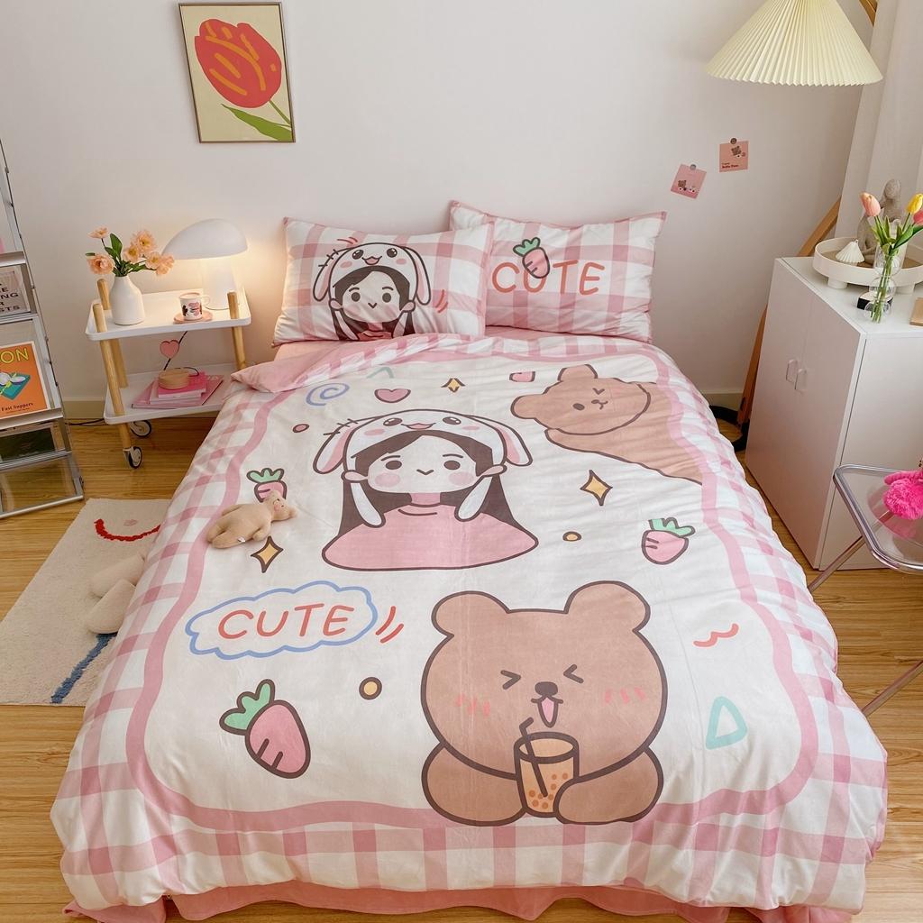 91家纺网 家纺一手货源 找家纺 星期八 2020原创设计师款牛奶绒四件套 女孩与熊