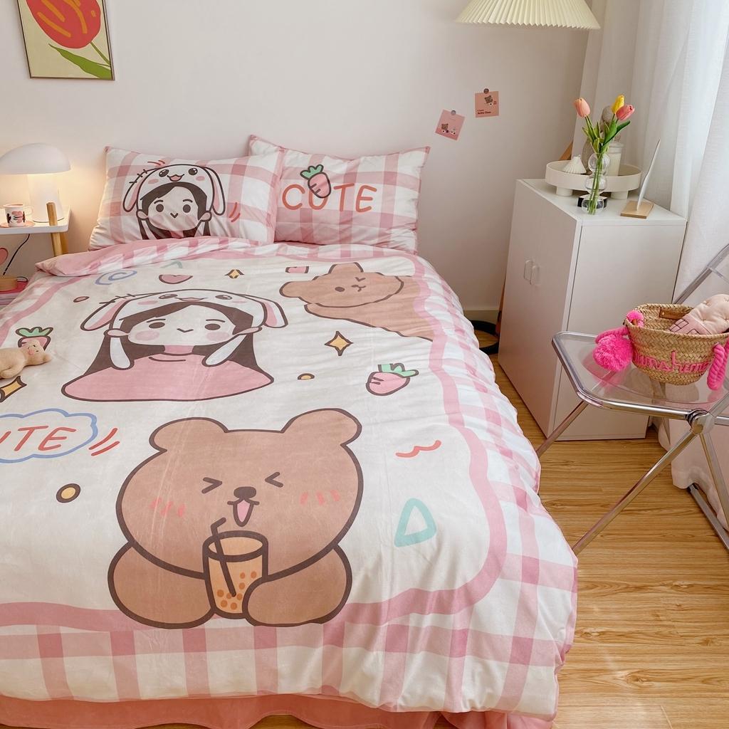 91家纺网 家纺一手货源 找家纺 星期八 2020原创设计师款牛奶绒四件套 女孩与熊