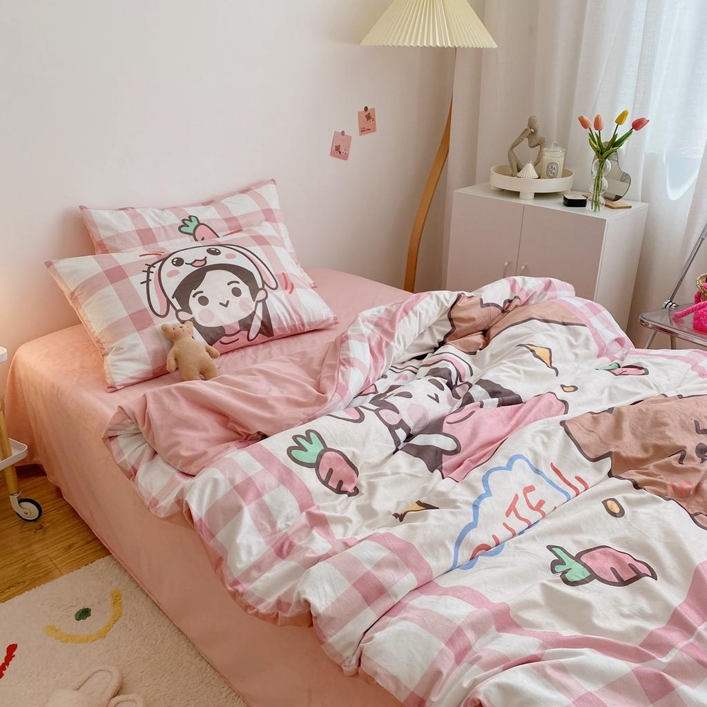 91家纺网 家纺一手货源 找家纺 星期八 2020原创设计师款牛奶绒四件套 女孩与熊