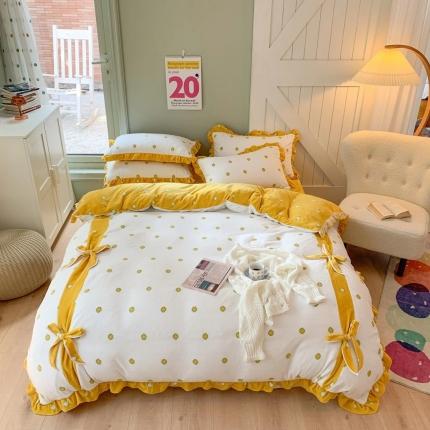 91家纺网 家纺一手货源 找家纺 眠屿 2020新款牛奶绒四件套 幸运四叶草-黄