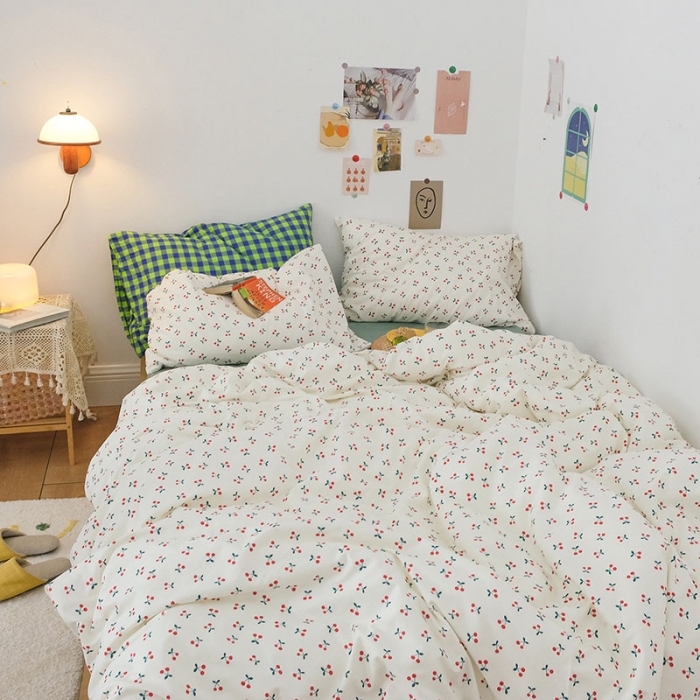 91家纺网 家纺一手货源 找家纺 艾沁2020新款日系小清新全棉纯棉四件套 小丸子-绿