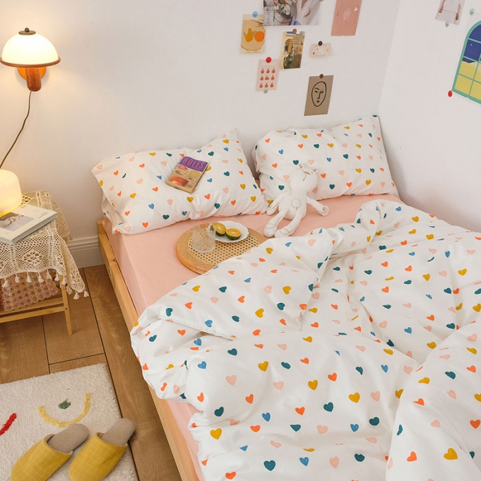 91家纺网 家纺一手货源 找家纺 艾沁2020新款日系小清新全棉纯棉四件套 心晴-粉