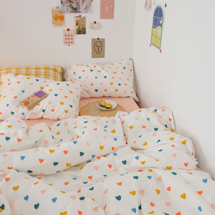 91家纺网 家纺一手货源 找家纺 艾沁2020新款日系小清新全棉纯棉四件套 心晴-粉