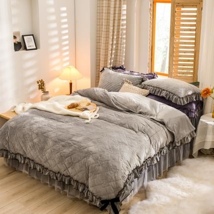 91家纺网 家纺一手货源 找家纺 （总）嗨购 2020新款夹棉水晶绒韩版花边四件套