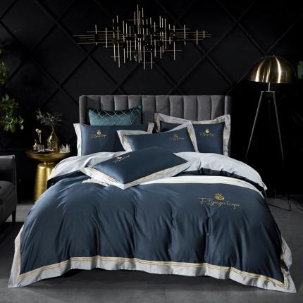 91家纺网 家纺一手货源 找家纺 娇逸 2020新款100支全棉拼色绣花四件套 马奥-宝石蓝