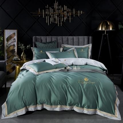 91家纺网 家纺一手货源 找家纺 娇逸 2020新款100支全棉拼色绣花四件套 马奥-翡翠绿