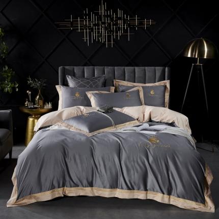 91家纺网 家纺一手货源 找家纺 娇逸 2020新款100支全棉拼色绣花四件套 马奥-高级灰