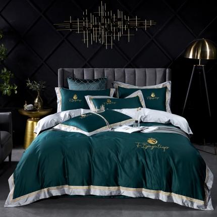 91家纺网 家纺一手货源 找家纺 娇逸 2020新款100支全棉拼色绣花四件套 马奥-孔雀绿