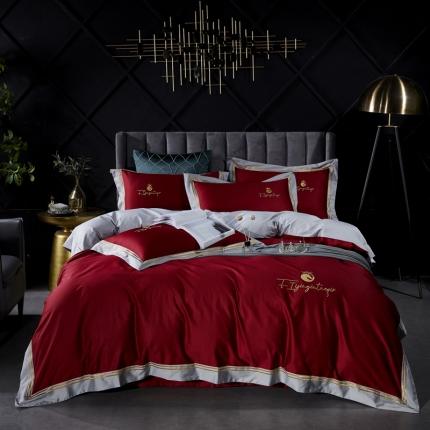 91家纺网 家纺一手货源 找家纺 娇逸 2020新款100支全棉拼色绣花四件套 马奥-喜庆红