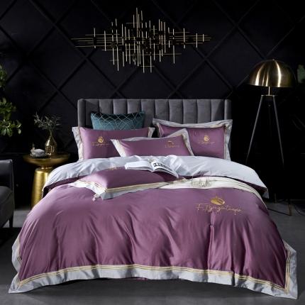 91家纺网 家纺一手货源 找家纺 娇逸 2020新款100支全棉拼色绣花四件套 马奥-优雅紫