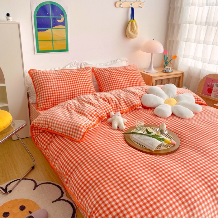 91家纺网 家纺一手货源 找家纺 顾里 2020新款韩国ins高端保暖牛奶绒套件 橘格