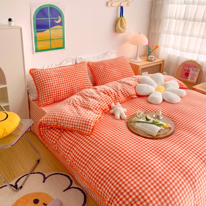 91家纺网 家纺一手货源 找家纺 顾里 2020新款韩国ins高端保暖牛奶绒套件 橘格