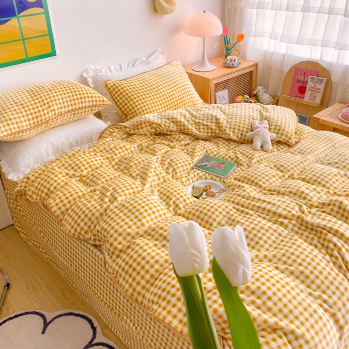 91家纺网 家纺一手货源 找家纺 顾里 2020新款韩国ins高端保暖牛奶绒套件 黄格