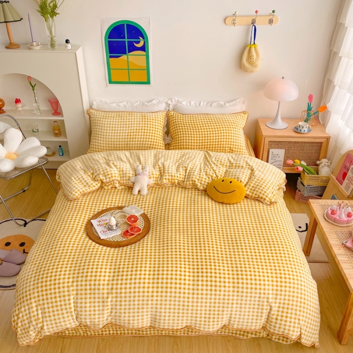 91家纺网 家纺一手货源 找家纺 顾里 2020新款韩国ins高端保暖牛奶绒套件 黄格