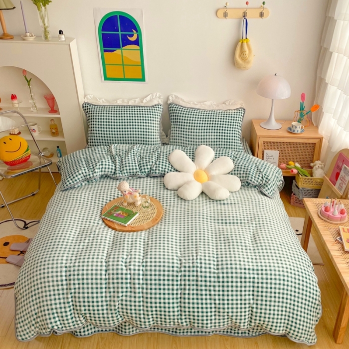 91家纺网 家纺一手货源 找家纺 顾里 2020新款韩国ins高端保暖牛奶绒套件 绿格