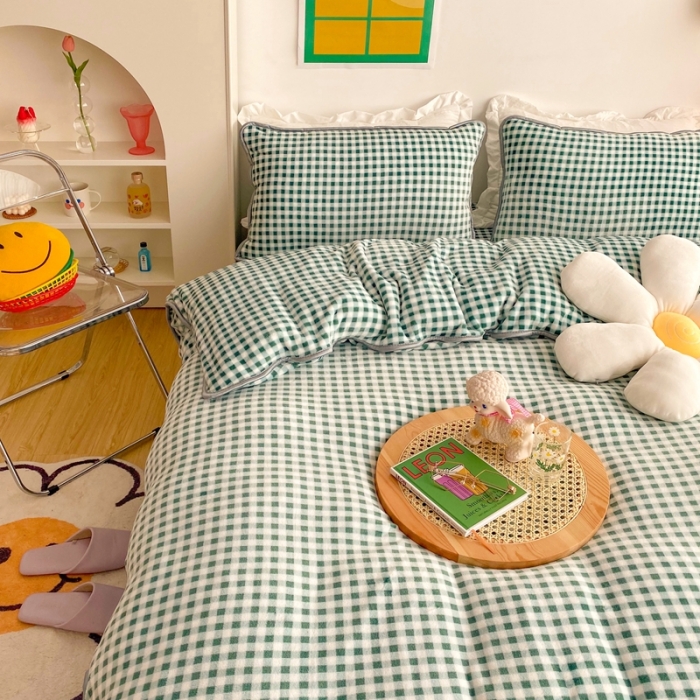 91家纺网 家纺一手货源 找家纺 顾里 2020新款韩国ins高端保暖牛奶绒套件 绿格