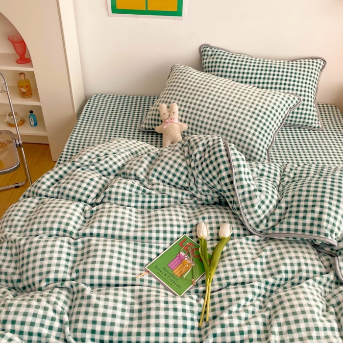 91家纺网 家纺一手货源 找家纺 顾里 2020新款韩国ins高端保暖牛奶绒套件 绿格