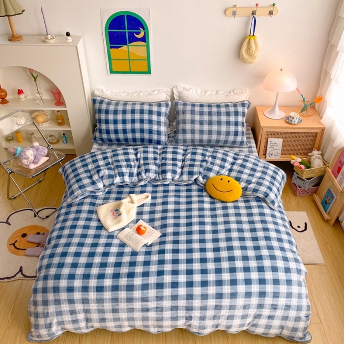 91家纺网 家纺一手货源 找家纺 顾里 2020新款韩国ins高端保暖牛奶绒套件 蓝灰格