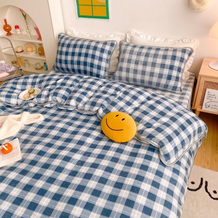 91家纺网 家纺一手货源 找家纺 顾里 2020新款韩国ins高端保暖牛奶绒套件 蓝灰格