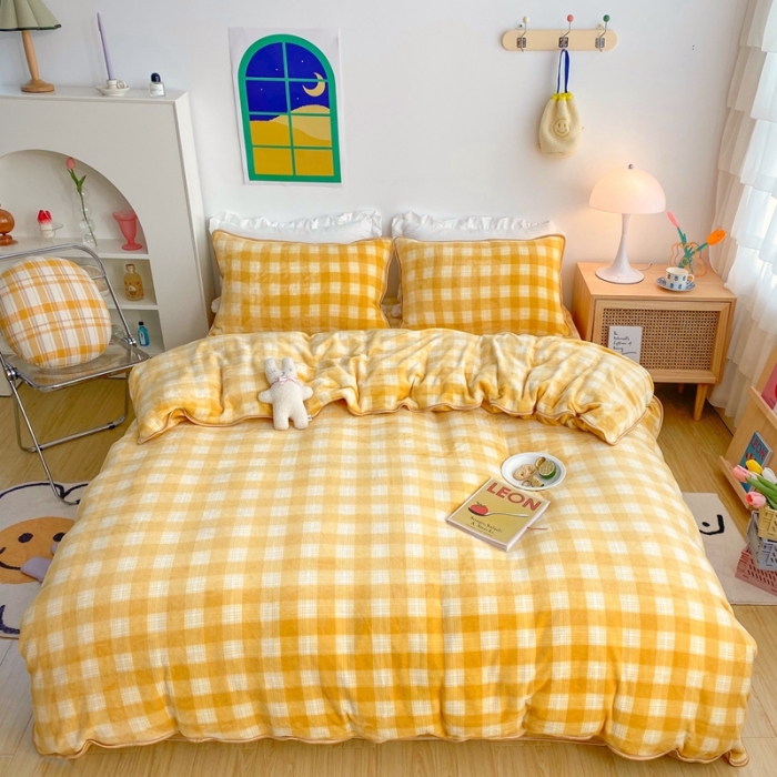 91家纺网 家纺一手货源 找家纺 顾里 2020新款韩国ins高端保暖牛奶绒套件 柠檬黄