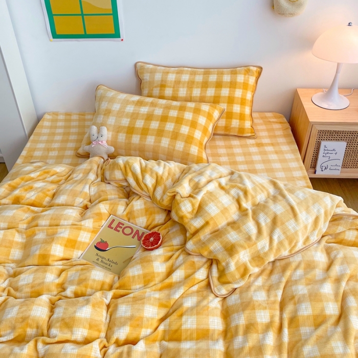 91家纺网 家纺一手货源 找家纺 顾里 2020新款韩国ins高端保暖牛奶绒套件 柠檬黄