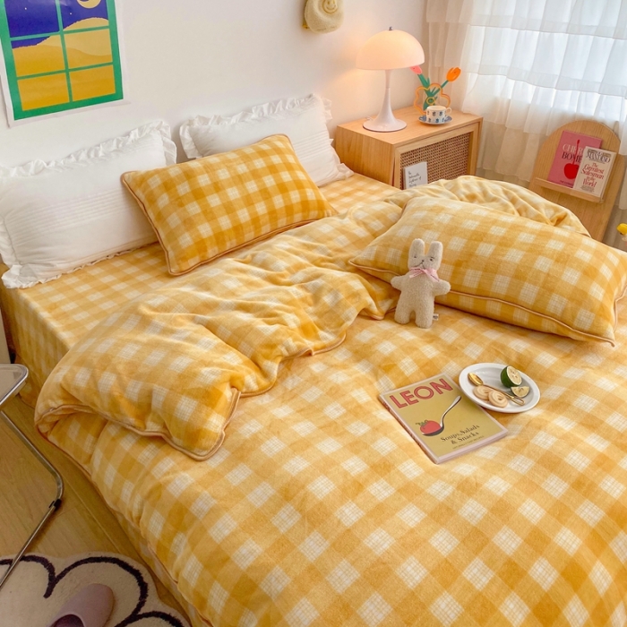 91家纺网 家纺一手货源 找家纺 顾里 2020新款韩国ins高端保暖牛奶绒套件 柠檬黄