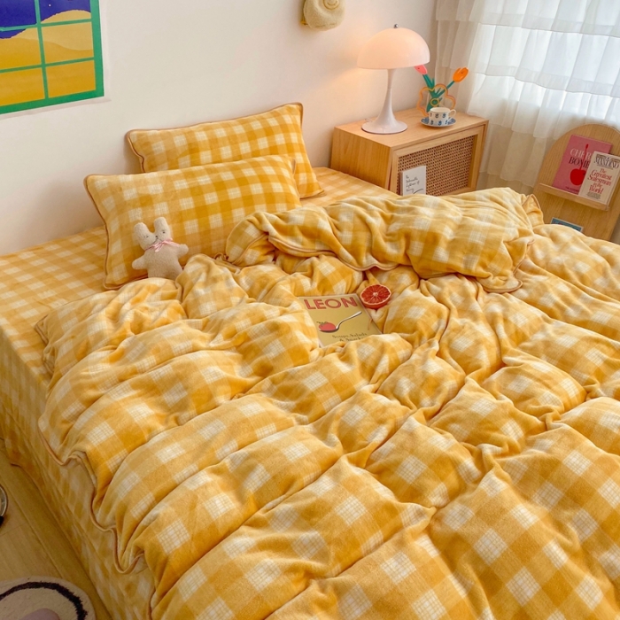 91家纺网 家纺一手货源 找家纺 顾里 2020新款韩国ins高端保暖牛奶绒套件 柠檬黄